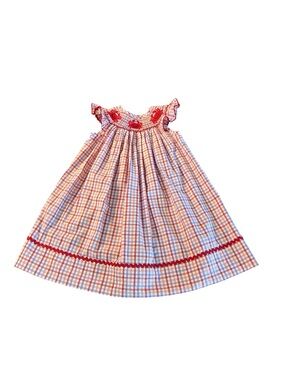 Classic Whimsy Red &Purple Plaid Smocked Sundress With Crab Embroidery
